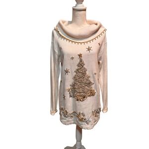 Lord & Taylor Christmas Sweater Tunic Size Small Beaded Tree Cowl Neck Holiday